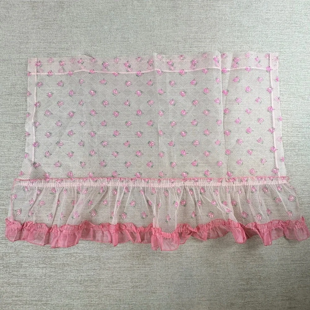 3 Vintage 70s Ruffle Mesh Curtain Valance Panels Pink Rose Floral Point Desprit